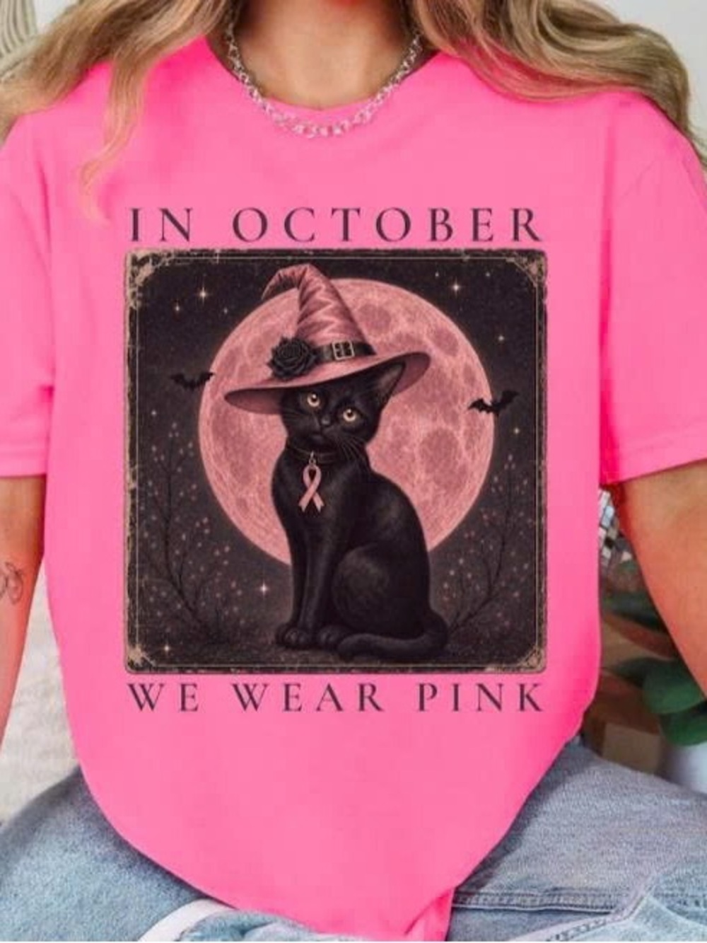 Pink 'In October We Wear Pink' Cat Graphic Tee